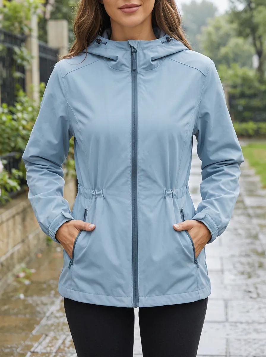 Women's Blue Hooded Drawstring Waist Waterproof Jacket