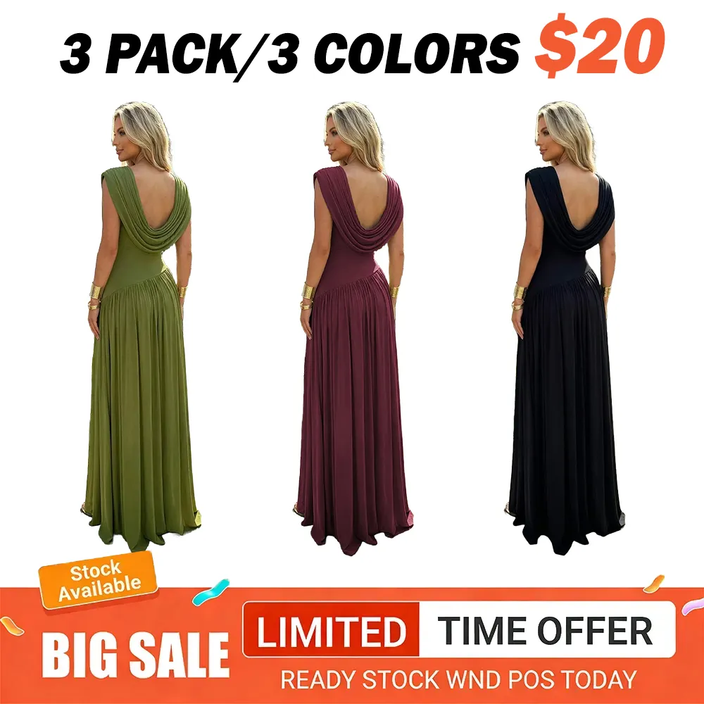 Women's Sleeveless Convertible Cowl Neck Ruched Waist Slim Fit Maxi Dress