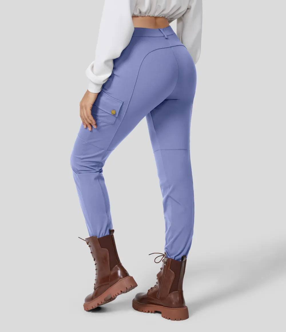 High Waisted Button Zipper Multiple Pockets Solid Skinny Cargo Pants
