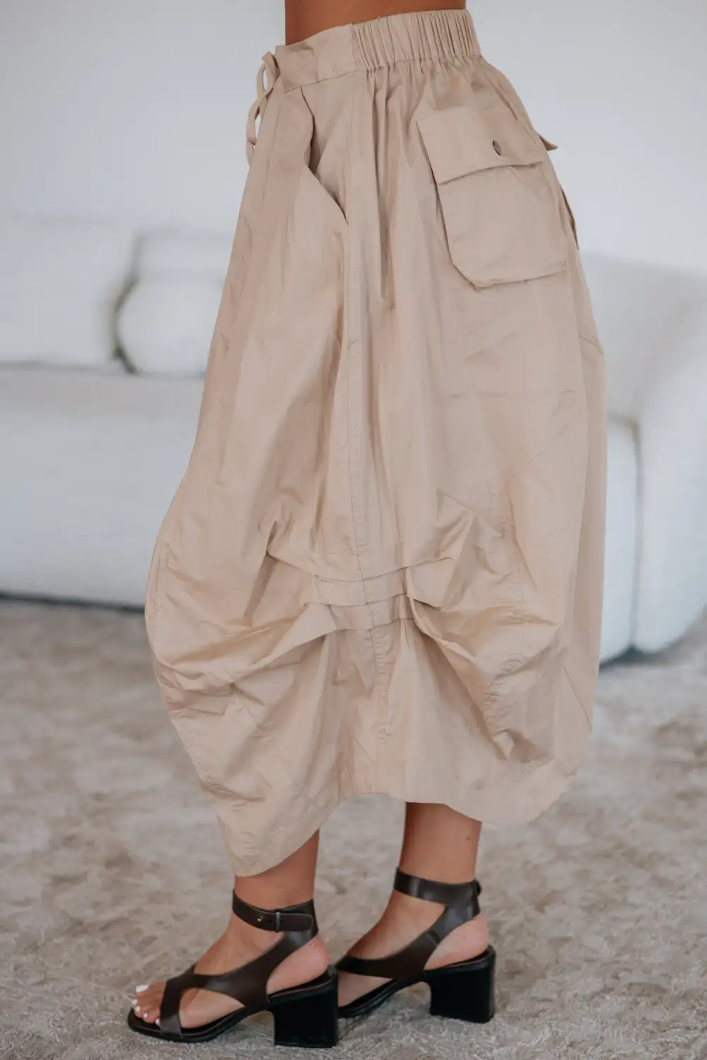 Cotton Drawstring Cargo Pocket Midi Skirt