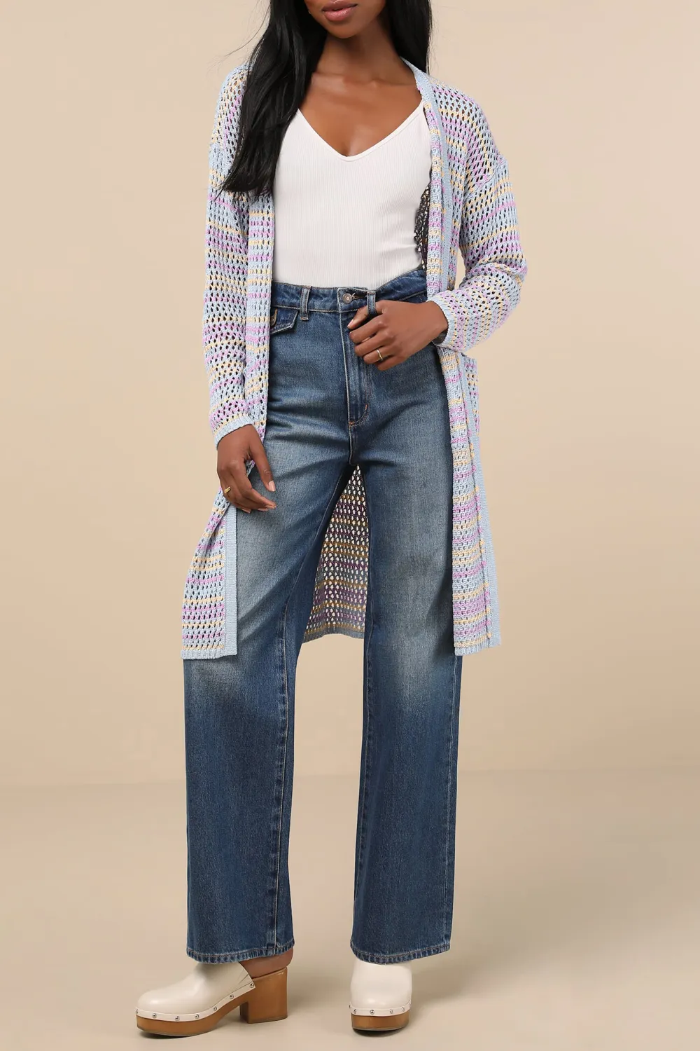 Light Blue Multi Striped Openwork Cardigan