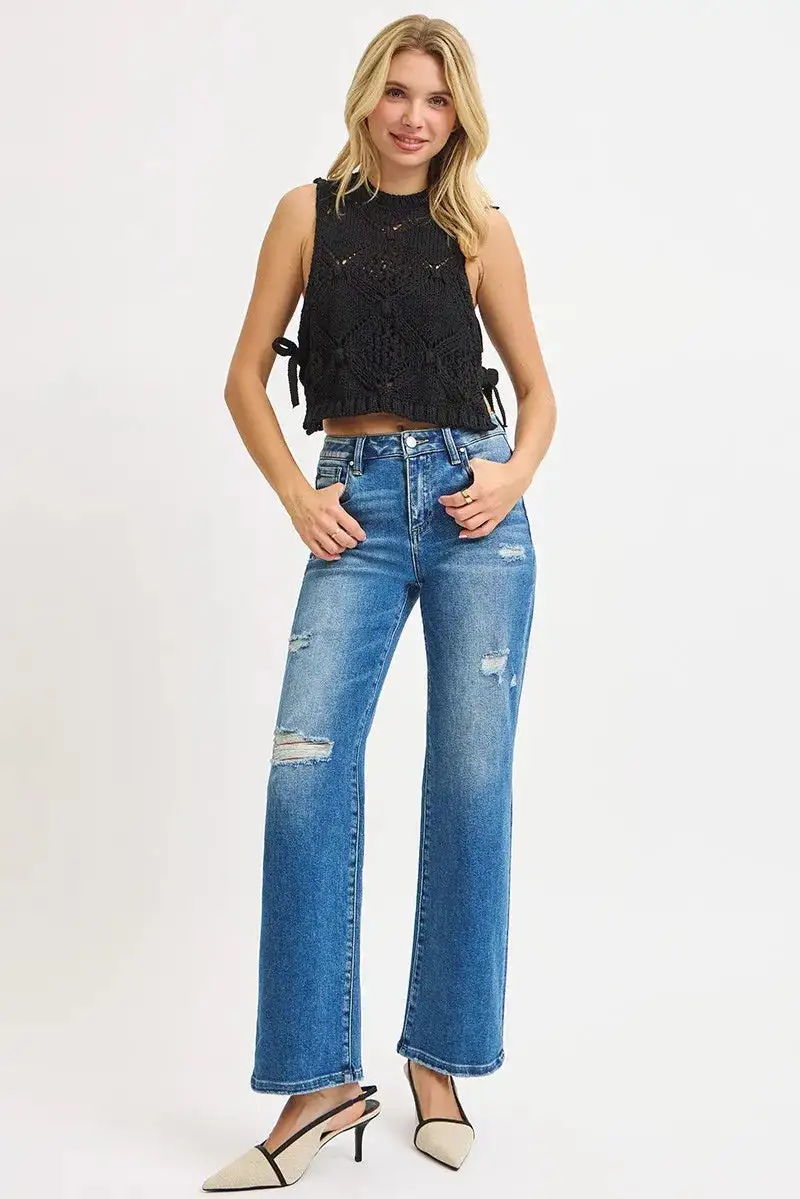 Balanced High Waist Straight Leg Distressed Denim Jeans