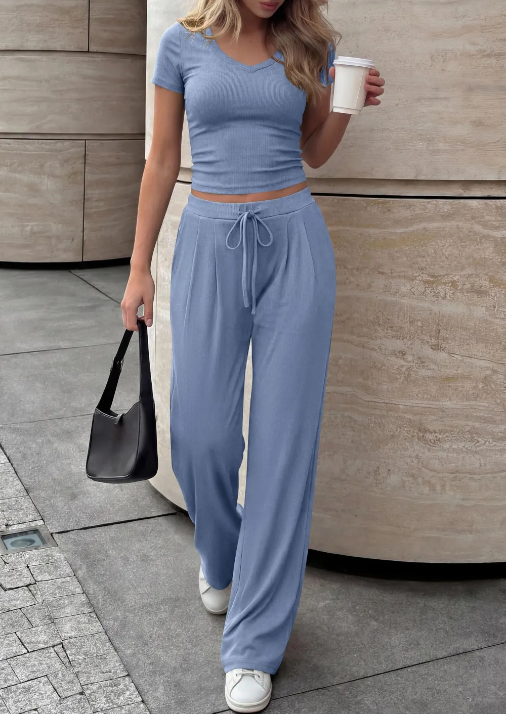 V Neck Tops Wide Leg Pants Set In Blue