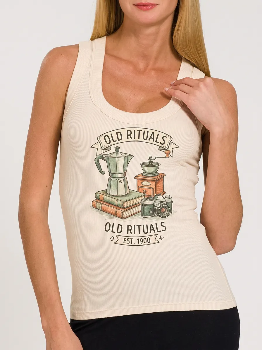 Women's Coffee Lover Old Rituals Moka Pot Camera Printed Tank Top