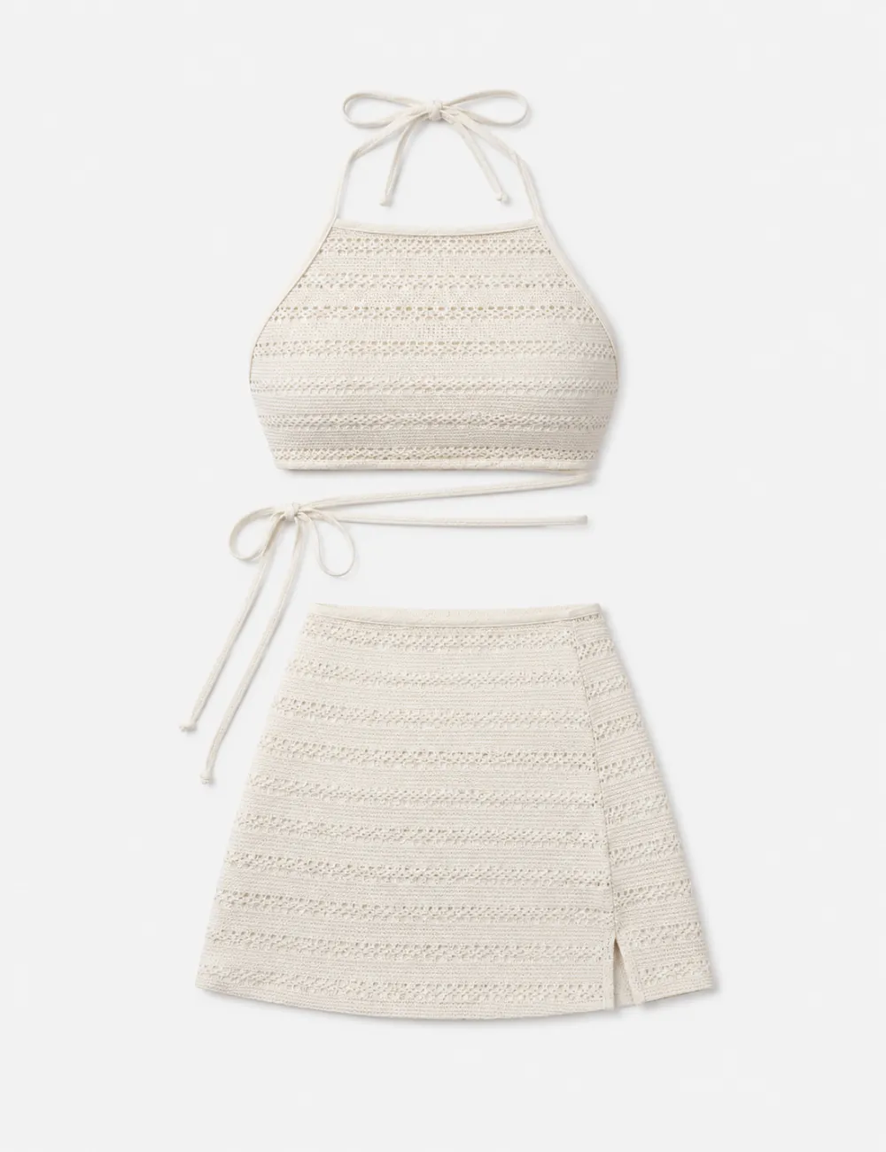 Hollow Knit Cross Back Halter Bikini Set