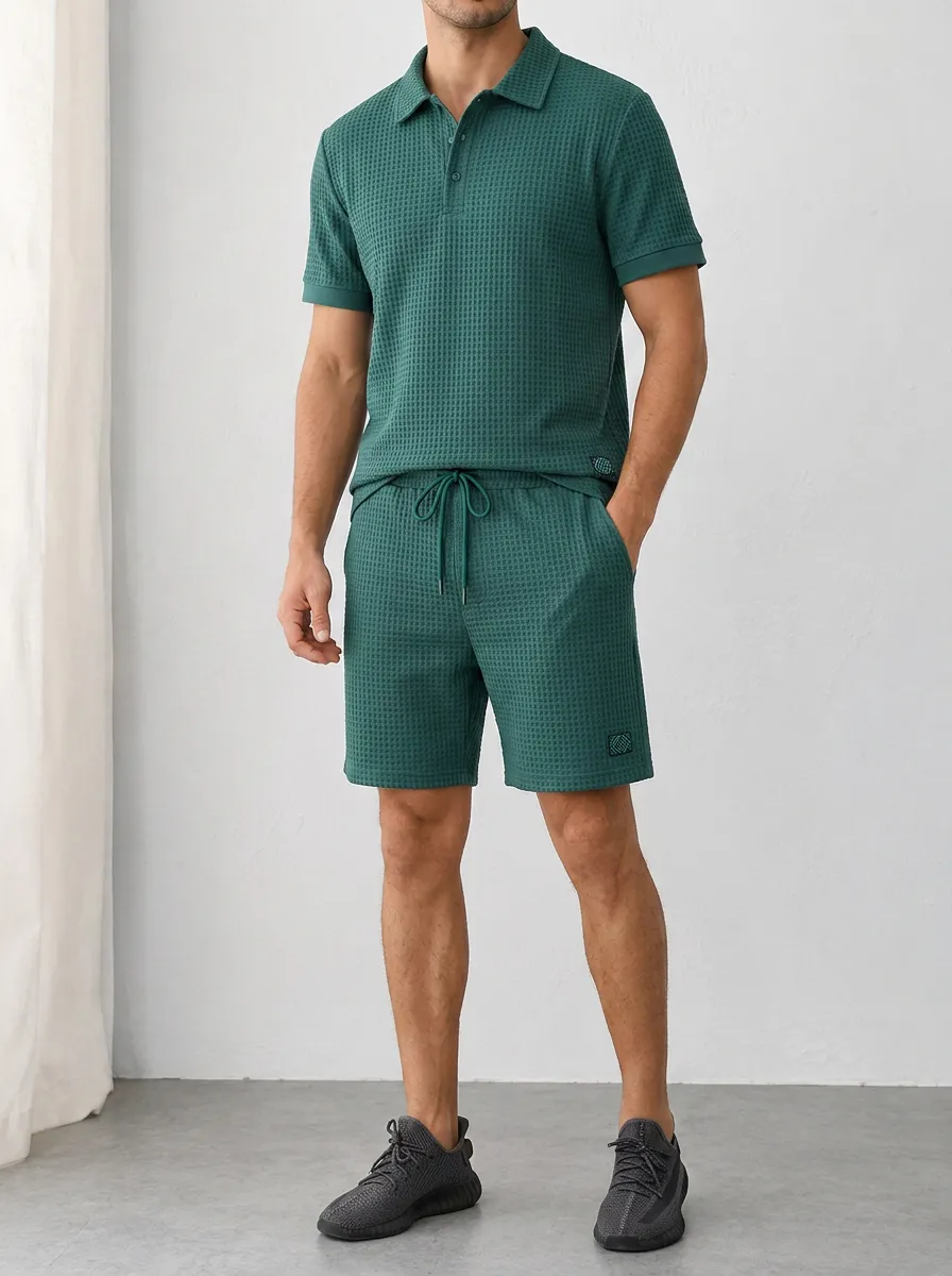 Men's Casual Waffle Knit Textured Polo Shirt