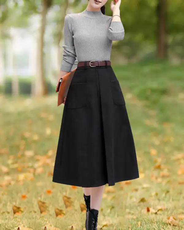 Everyday Pleated Wool A Line Maxi Skirt