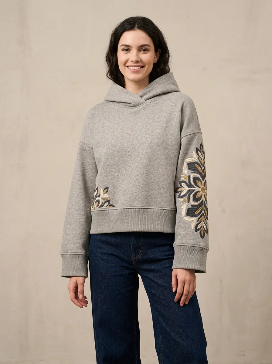 Women's Daily Layer Floral Embroidered Graphic Hoodie