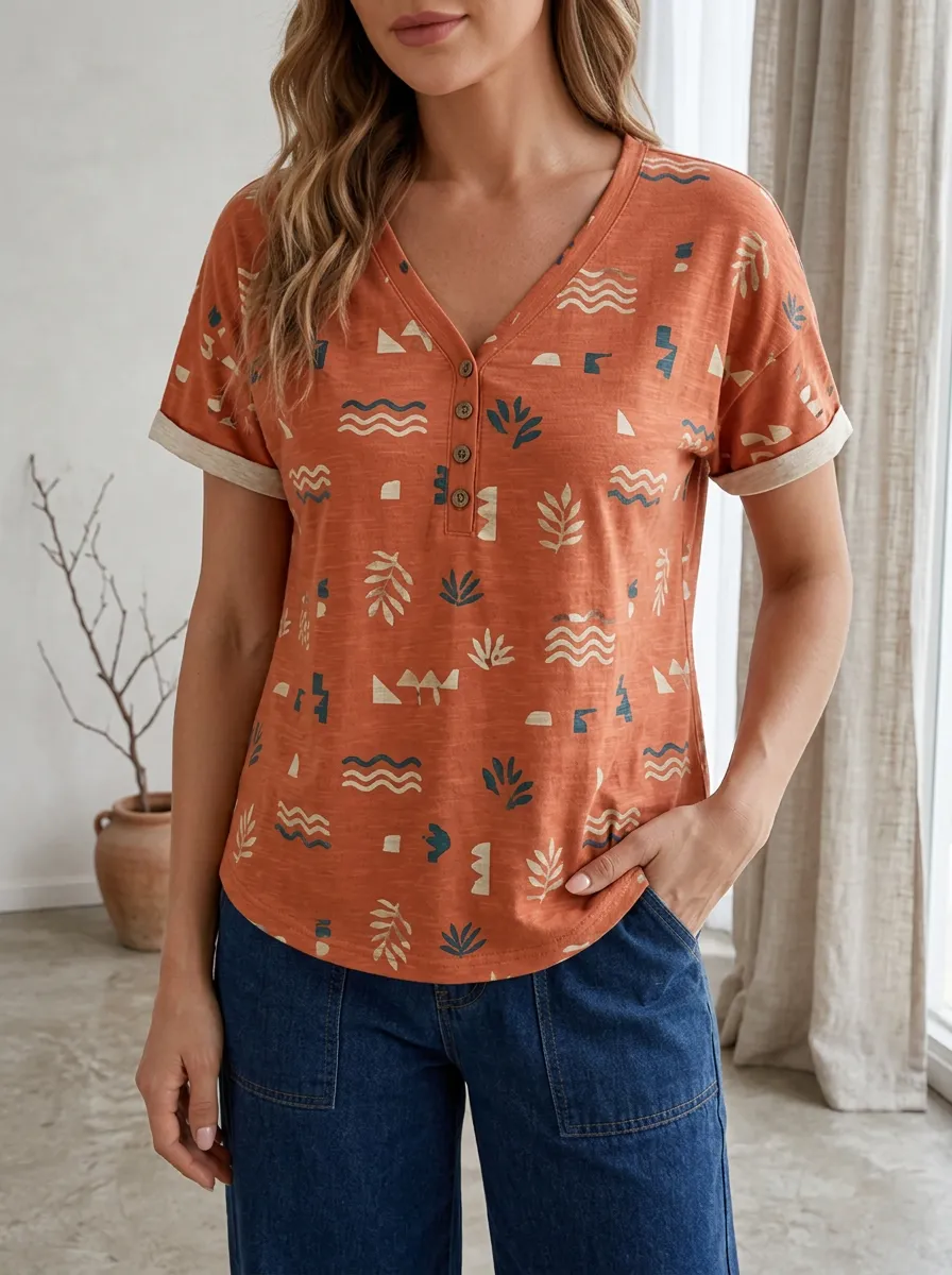 Women's Boho Geometric Leaf Printed Henley Shirt