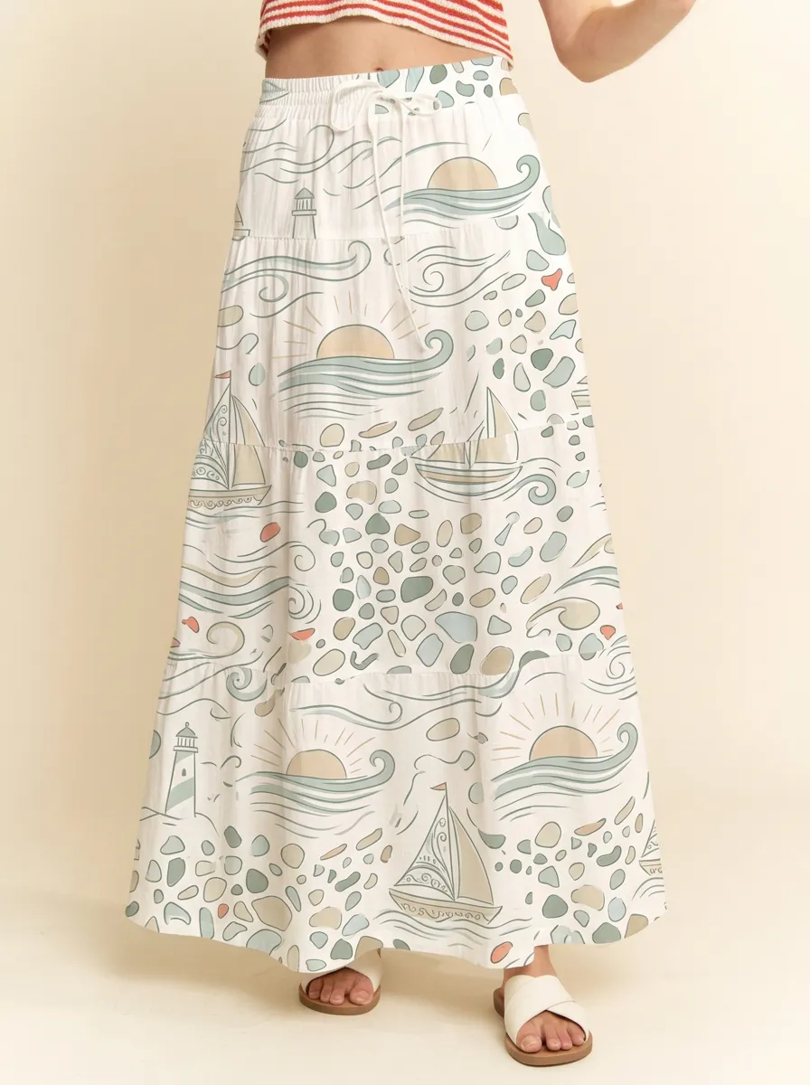 Women's Nautical Coastal Lighthouse Sailboat Graphic Maxi Skirt