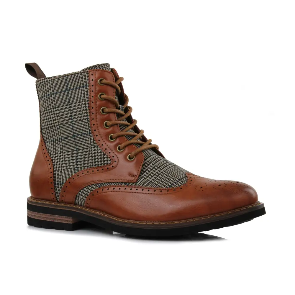Faux-Leather Wingtip Brogue Motorcycle Boots