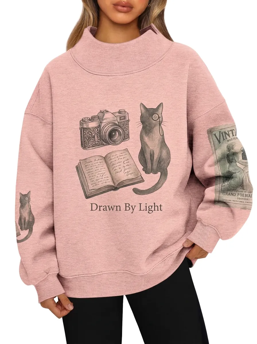 Women's Vintage Cat Camera Book Drawn By Light Graphic Sweatshirt