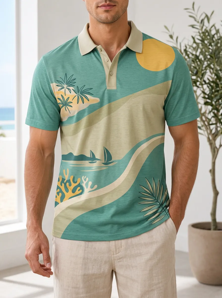 Men's Tropical Beach Sailing Palm Tree Printed Polo Shirt Everyday Casual Style