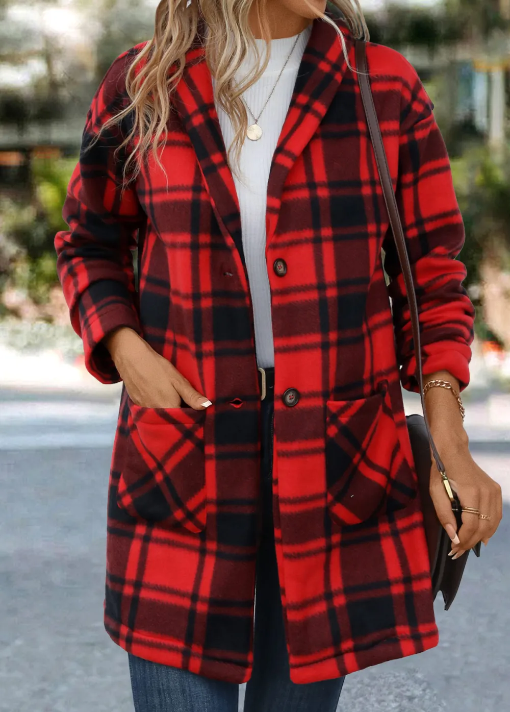 Red Pocket Plaid Long Sleeve Turn Down Collar Coat