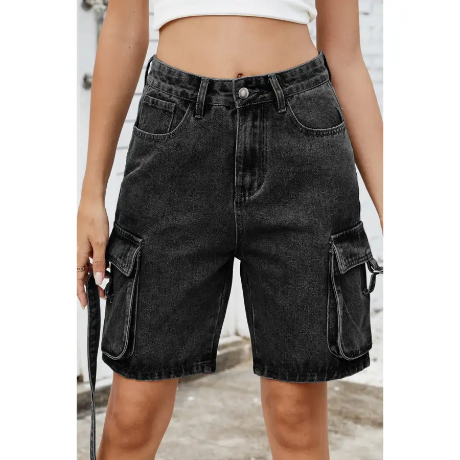 Pocketed Cargo Washed Denim Shorts