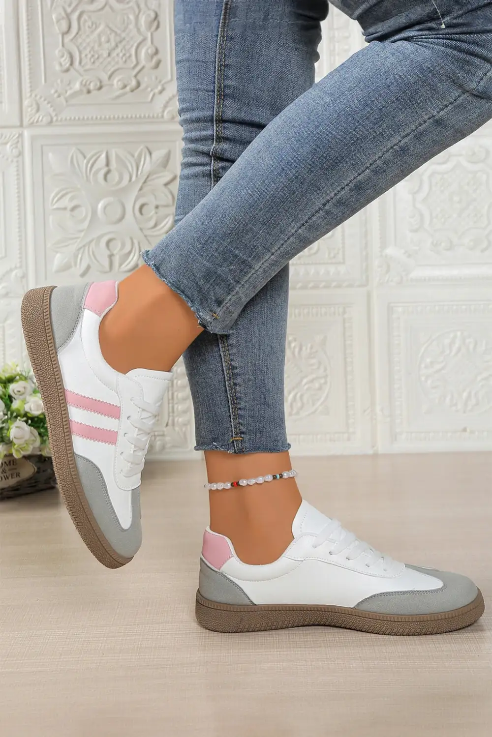 Leather Patchwork Colorblock Lace-Up Casual Sneakers