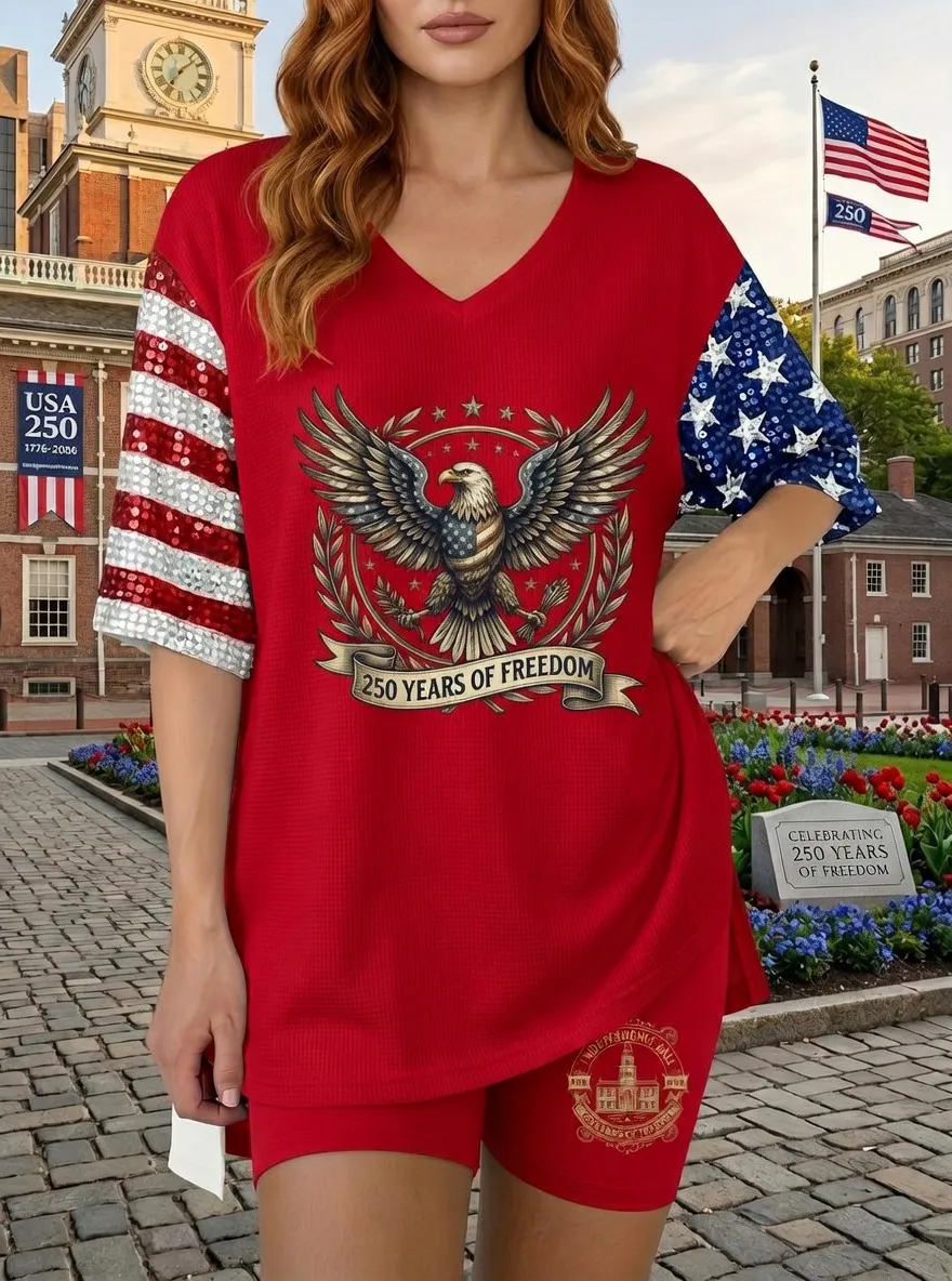 Women's USA 250th Anniversary Eagle Flag Sequin Printed Set