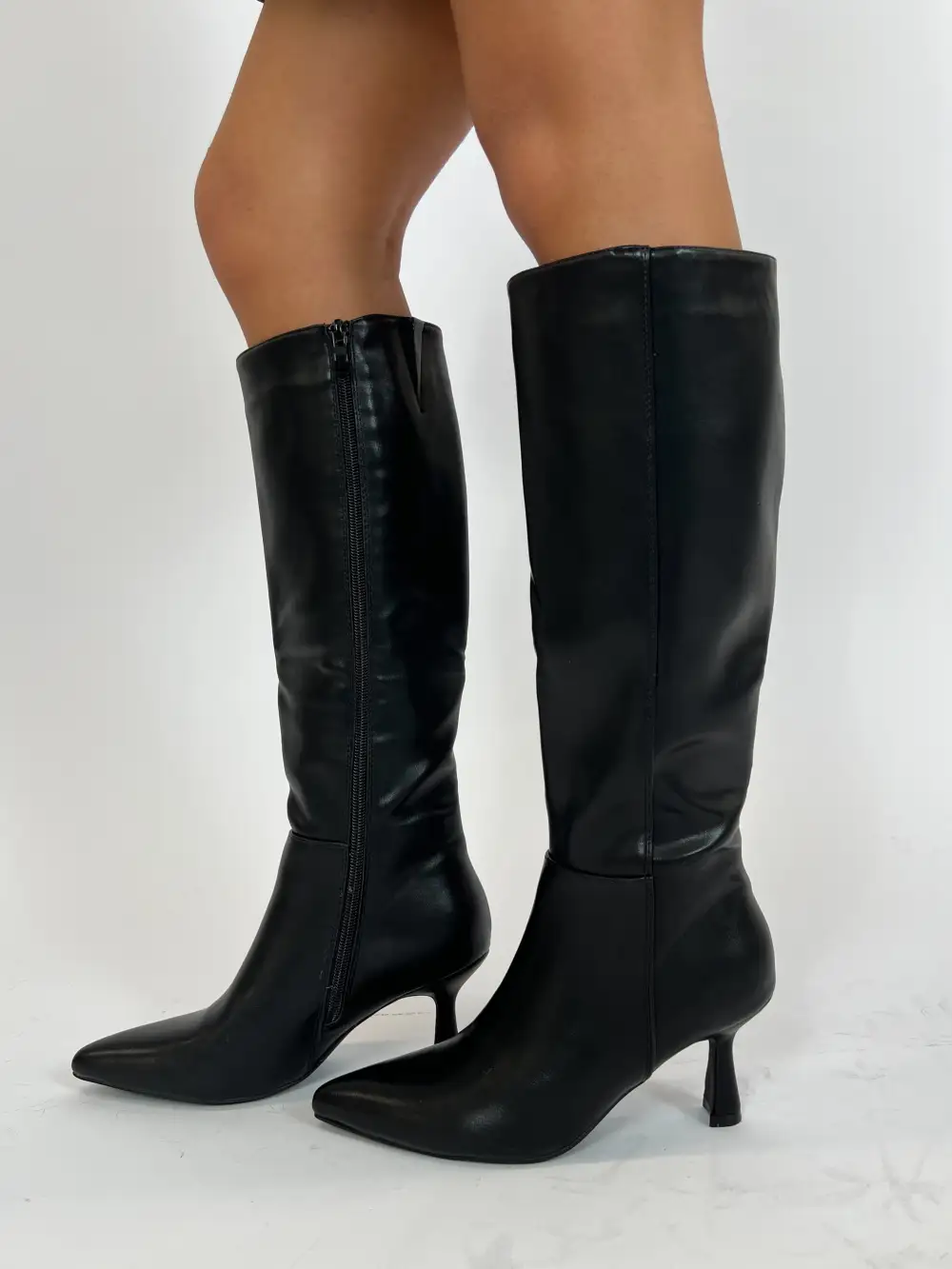 Smooth Leather Look Heeled Boots