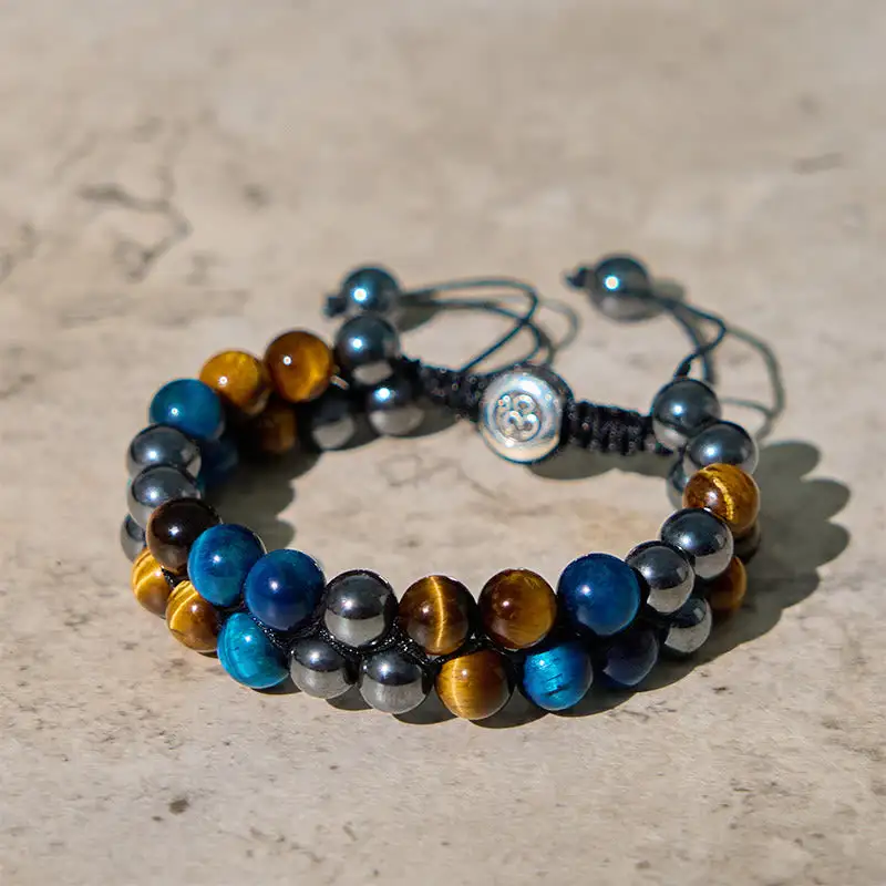 Natural Tiger Eye Magnetite Om Pattern Double Bracelet