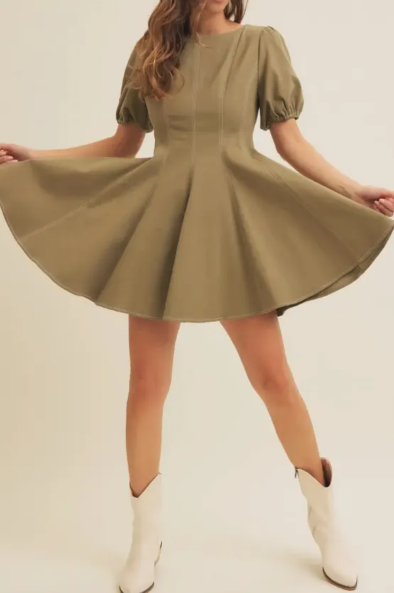 Olive Puff Sleeve Cotton Twill Mini Dress