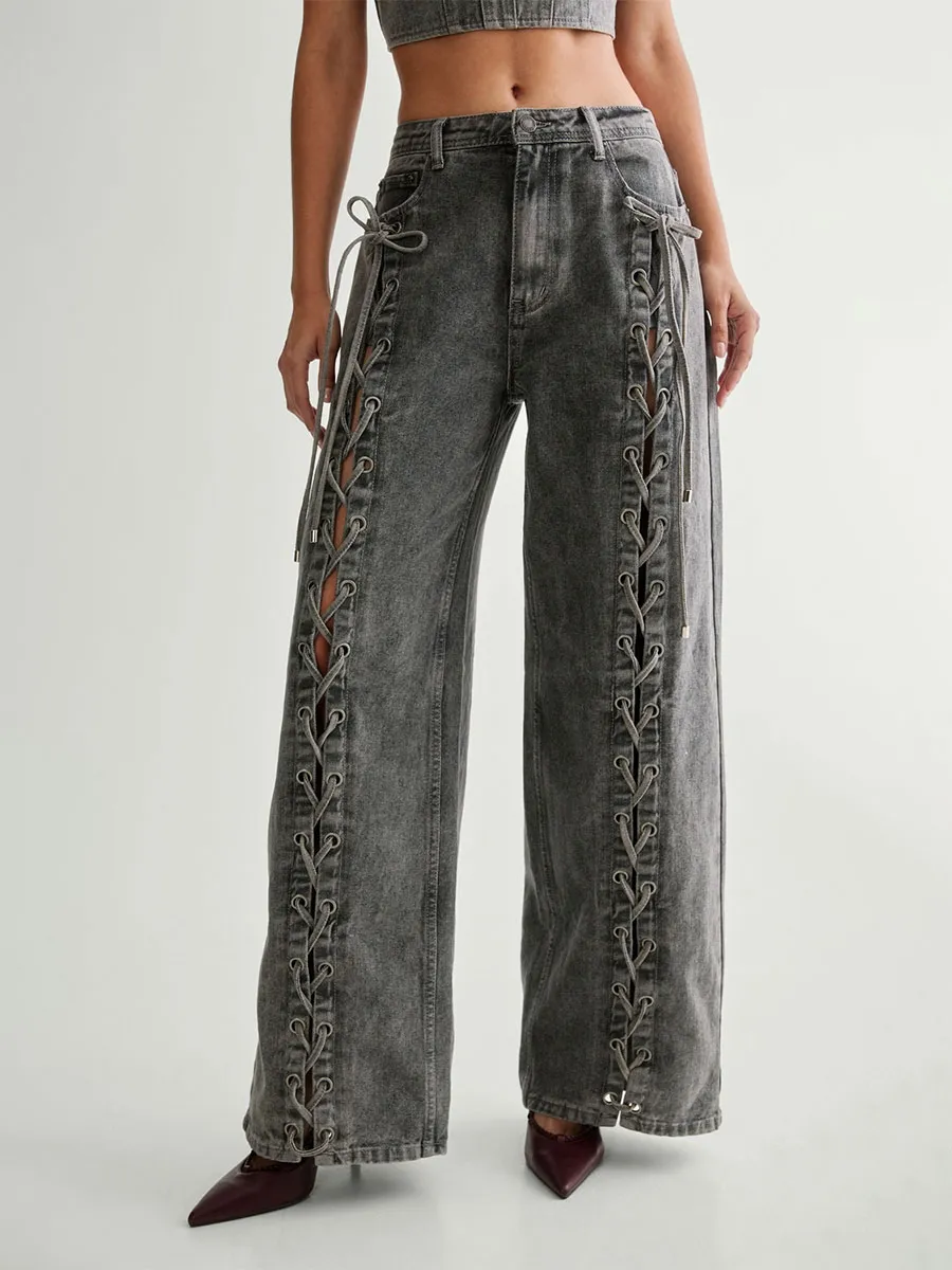 Women's Grey Side Lace-Up Wide-Leg Jeans