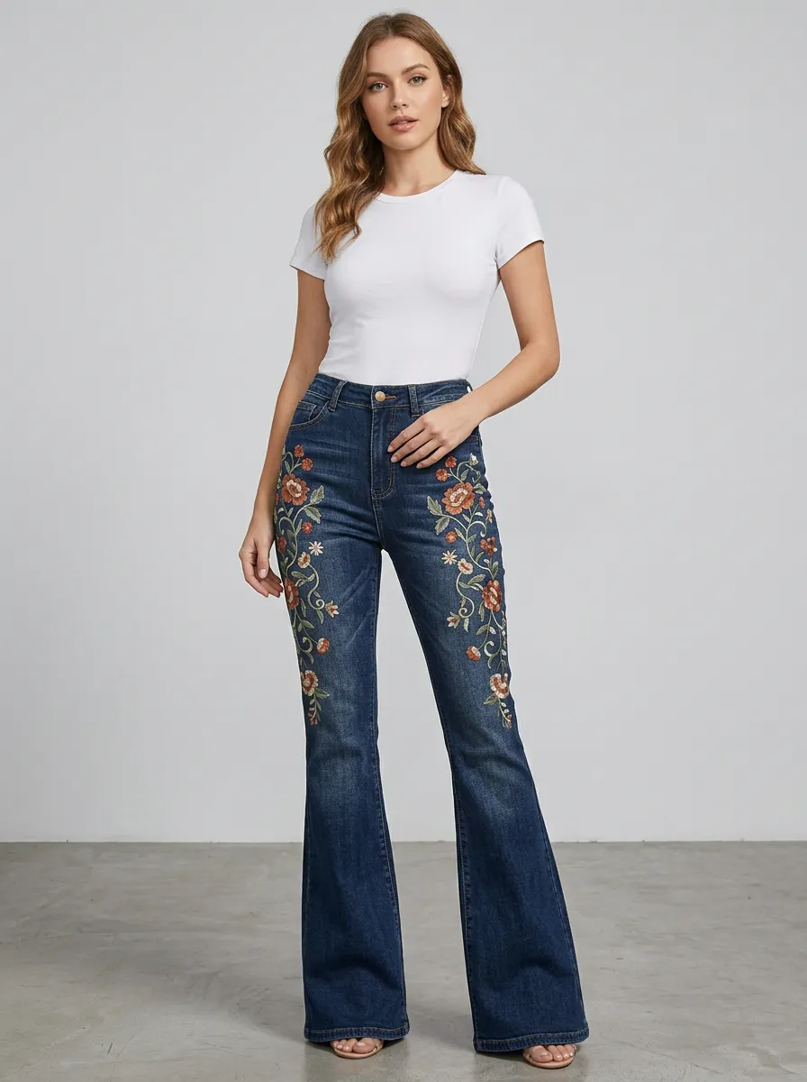 Women's Dark Wash Floral Embroidery Five-Pocket Flare Jeans