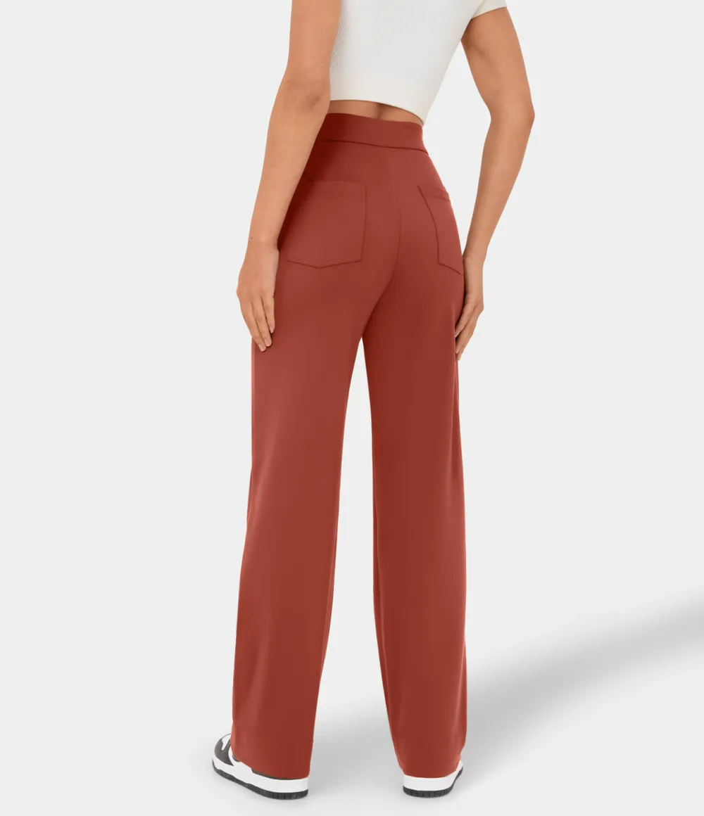 High Waisted Button Multiple Pockets Straight Leg Casual Pants