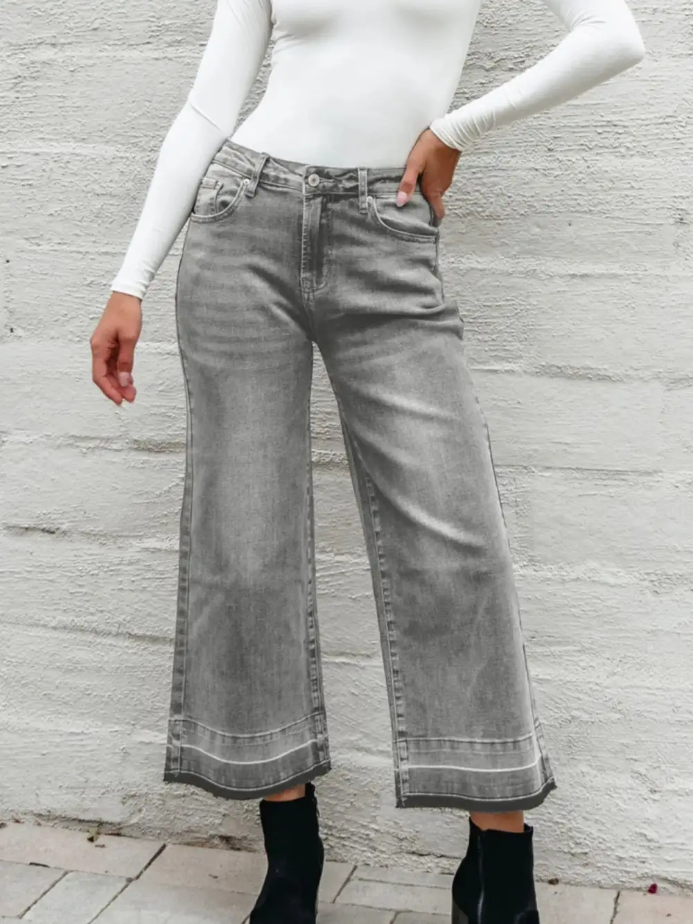 Versatile High Waist Wide Leg Washed Denim Jeans
