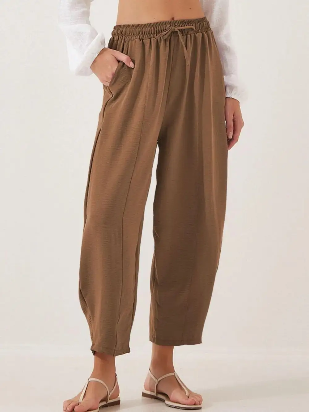 Full Size Drawstring Wide Leg Cropped Pants Plus Size