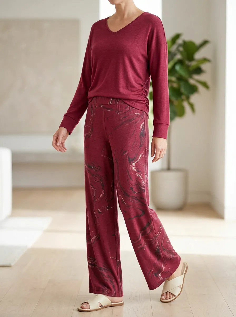 Women's Easygoing Lounge Marbled Pattern Patterned V-neck Wide Leg Pants Set