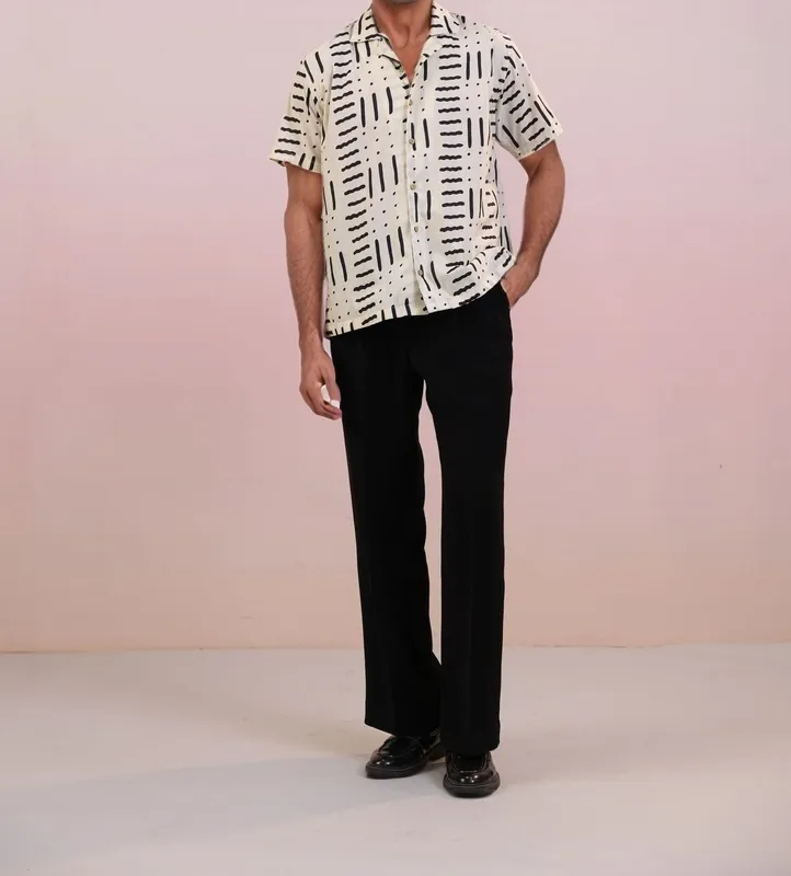 White Abstract Mulmul Cotton Camp Collar Shirt
