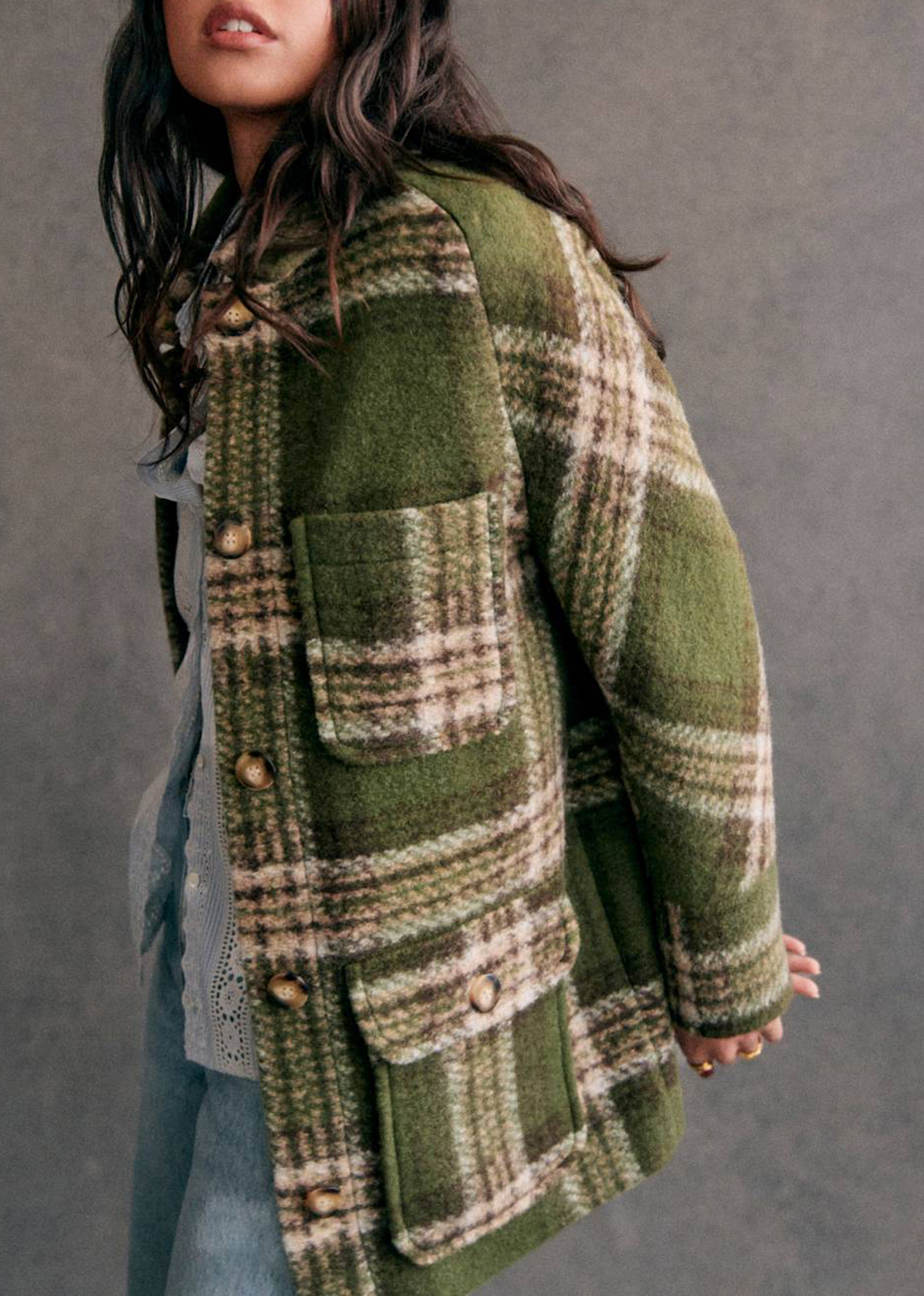 Khaki Check Checked Coat With Classic Collar