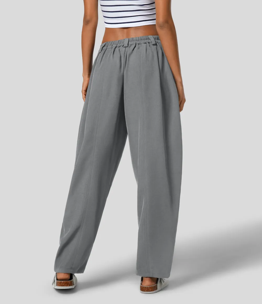 Mid Rise Plicated Side Pocket Barrel Leg Work Pants