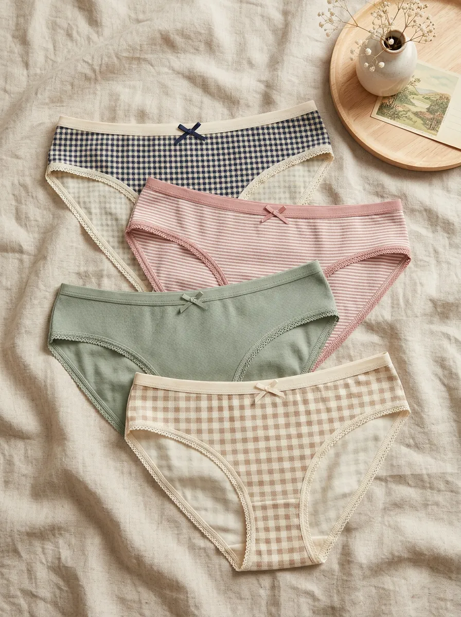 Women's Gingham Striped Ribbed Bow Printed Panties 4-Pack