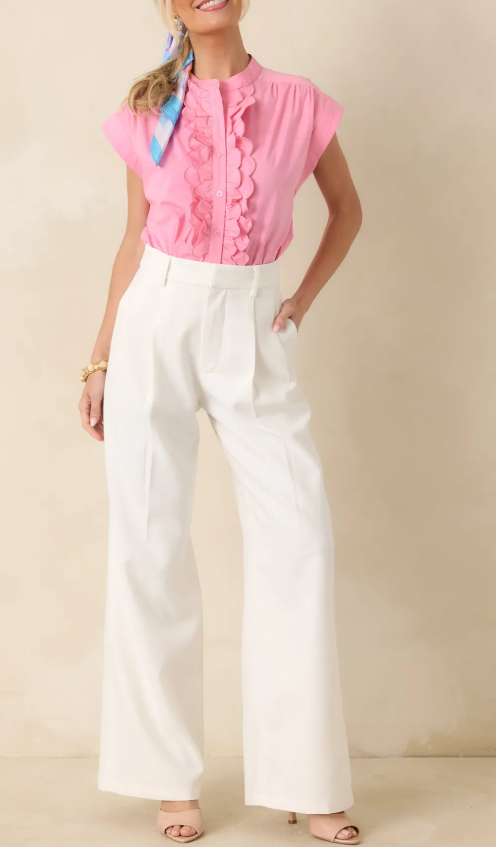 Cap-Sleeve Button-Front Short-Sleeve Scalloped-Ruffle Top