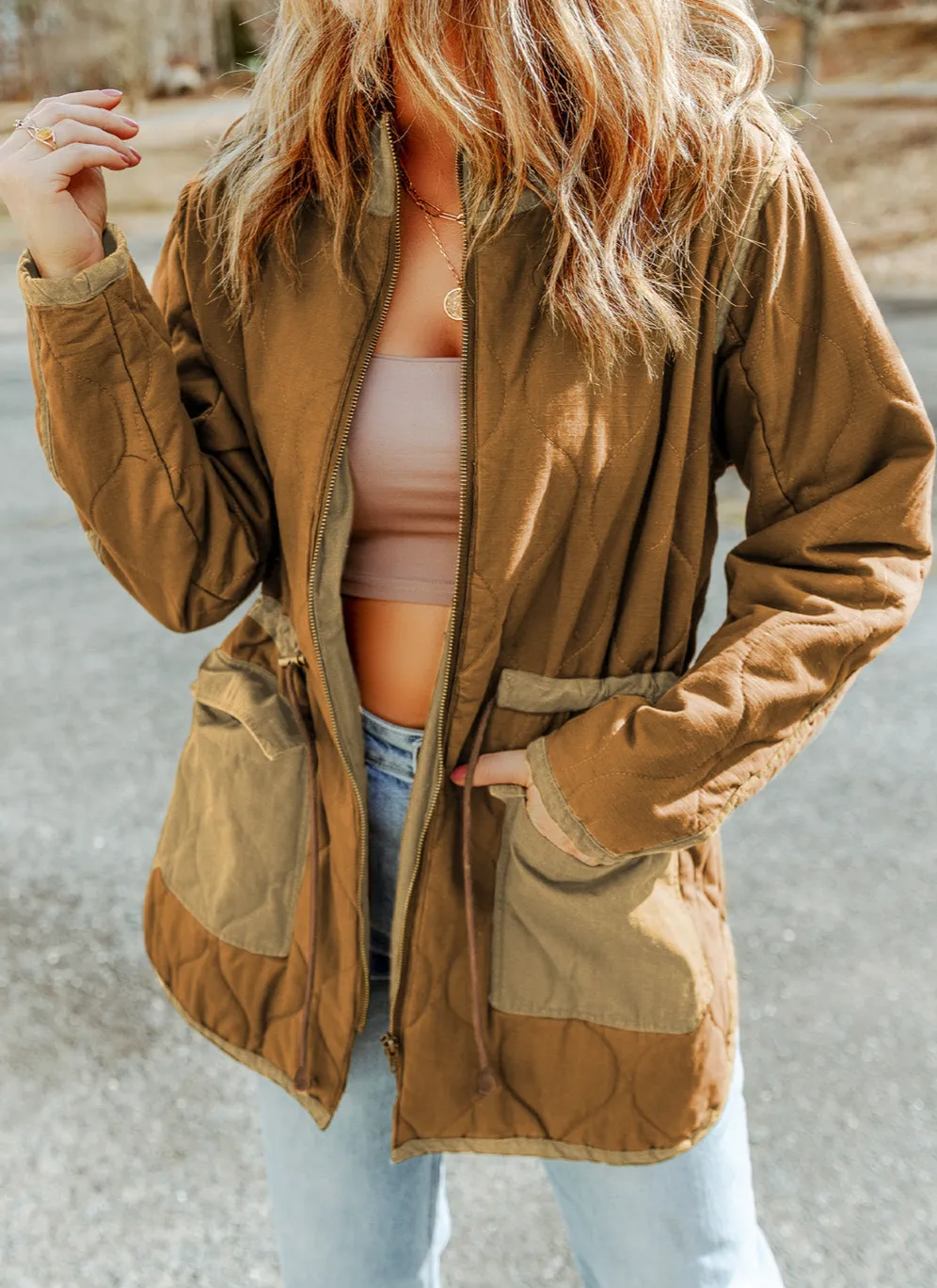 Stitching Quilted Drawstring Jacket