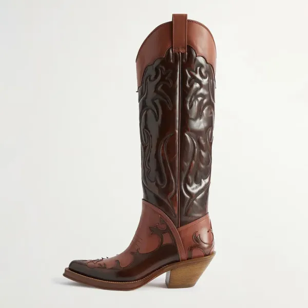 Faux-Leather Embroidered Patchwork Pointed-Toe Western Boots