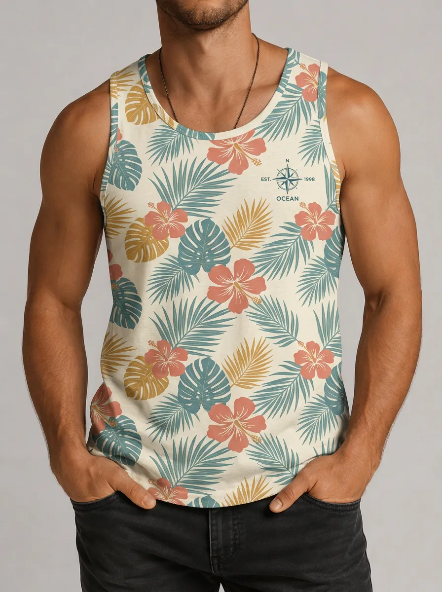 Men's Ocean Compass Tropical Hibiscus Floral Printed Tank Top