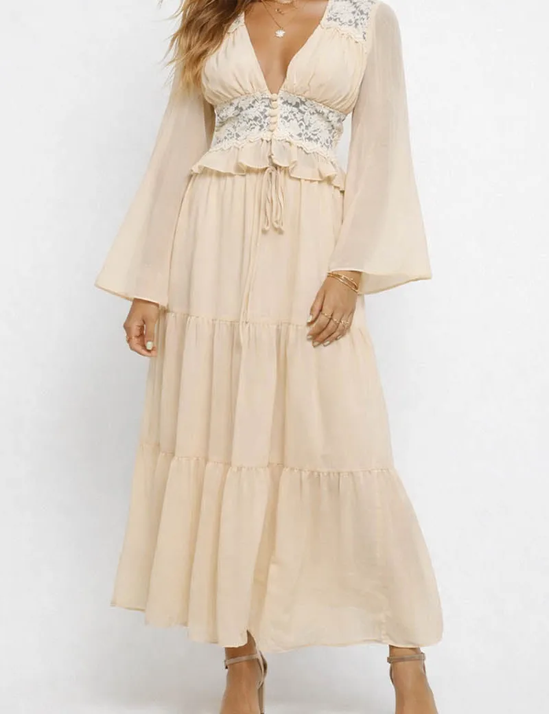 Boho Chiffon Lace Panel Flared Sleeves Blouse and Maxi Skirt Set