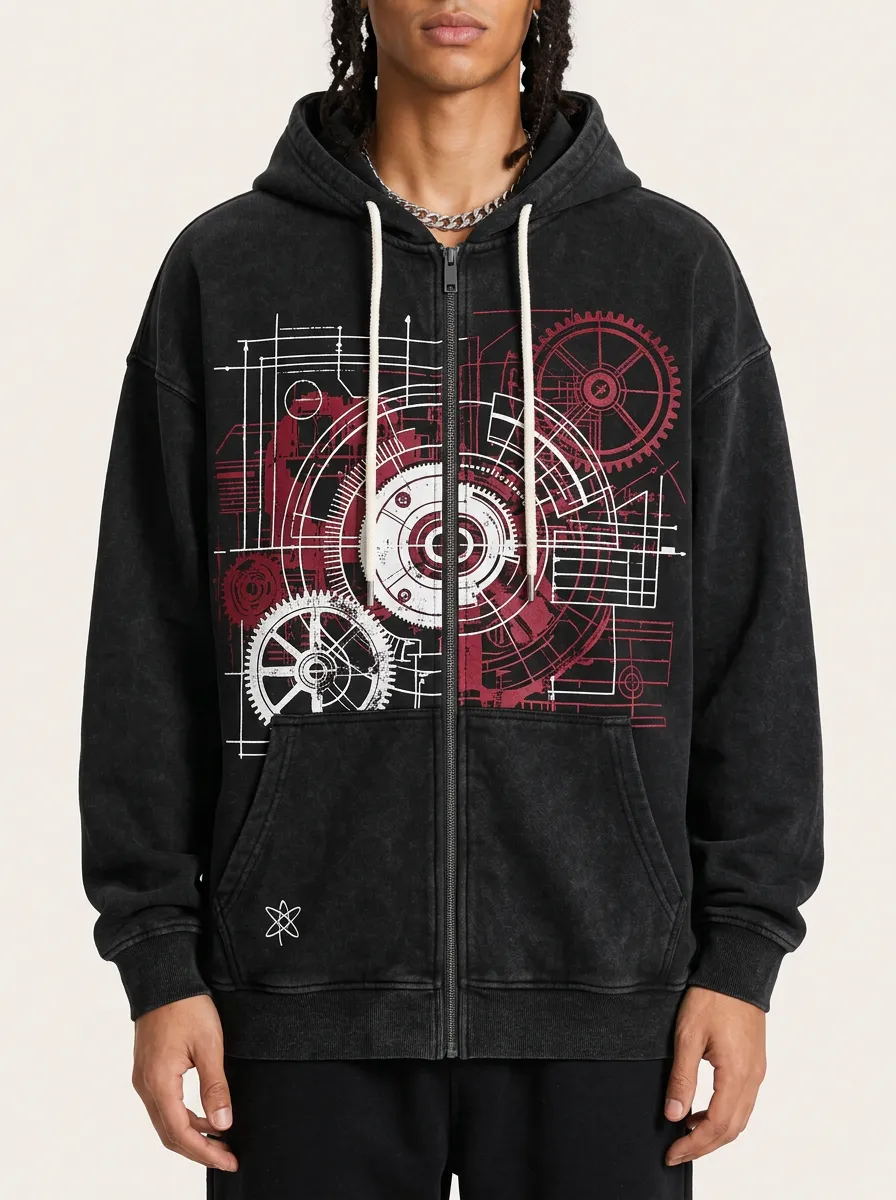 Men's Mechanical Engineering Gear Blueprint Printed Zip Hoodie