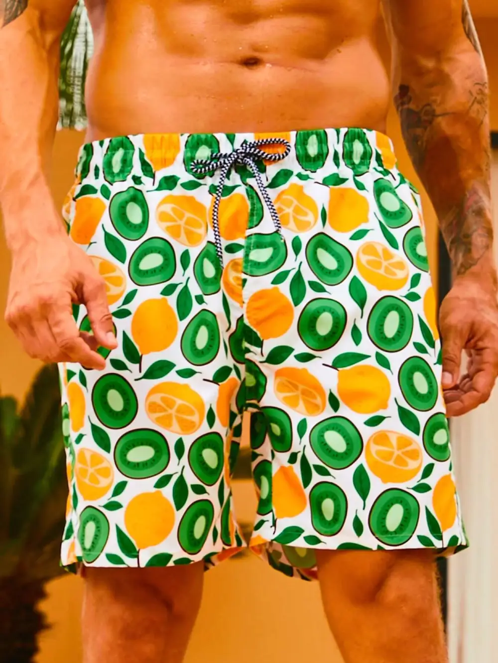 Men's Drawstring Lemon Print Swim Trunks