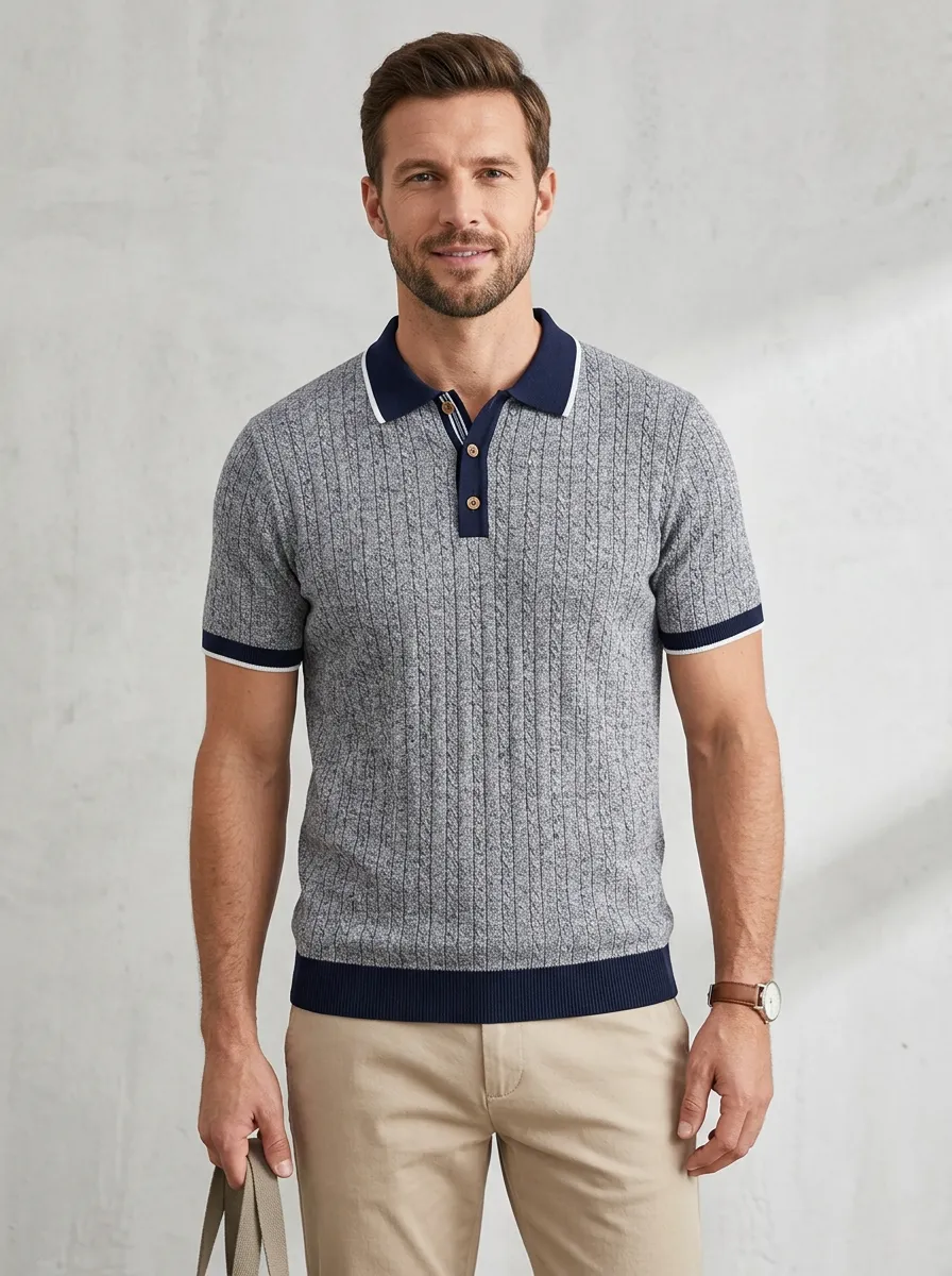 Men's Casual Vintage Cable Knit Textured Polo Shirt