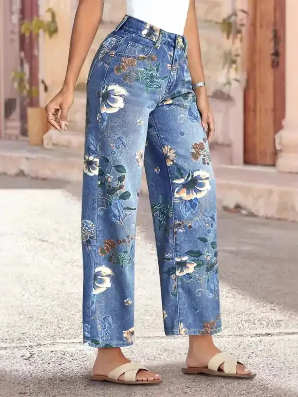 Floral Print Wide Leg Jeans Cropped For Women
