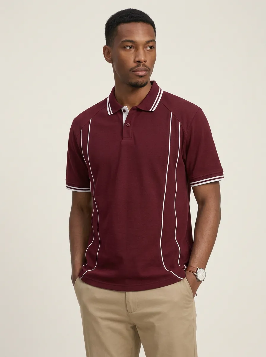 Men's Navy Blue White Piping Striped Printed Polo Shirt