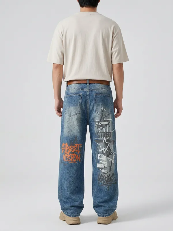 Unisex Statement Streetwear Graffiti Star Jeans