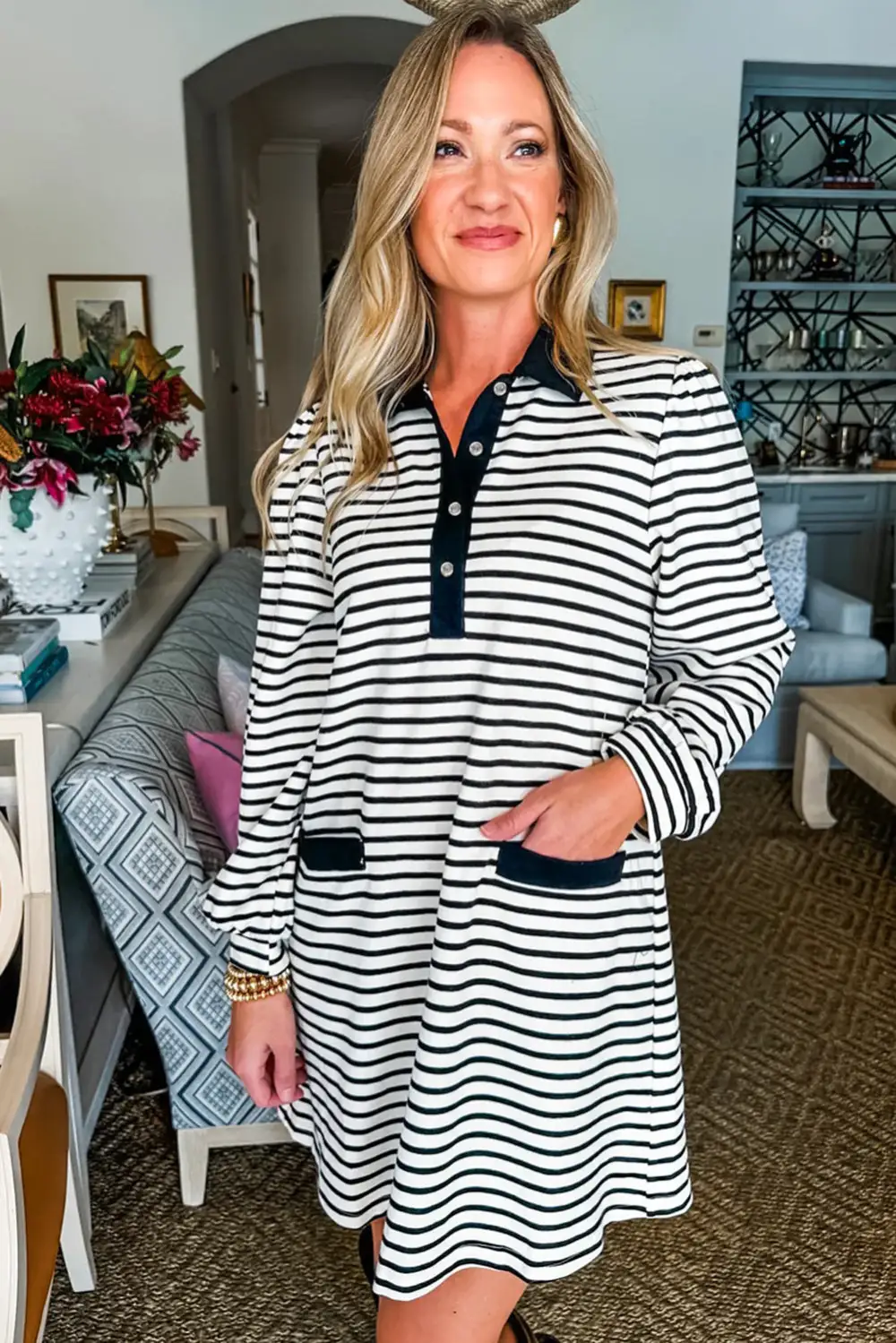 Finish Striped Button Front Pocketed Shirt Dress