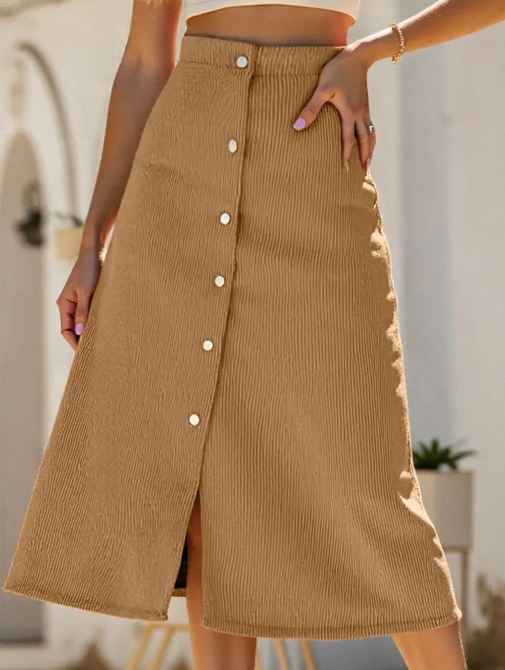 Corduroy Button Front Midi Skirt