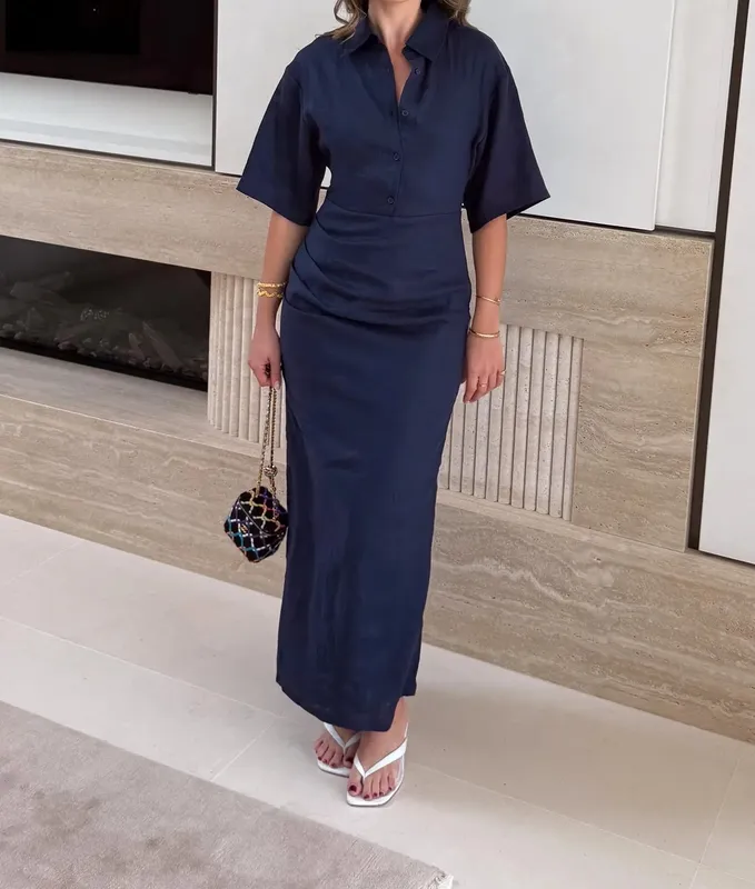 Navy Ruched Midi Dress
