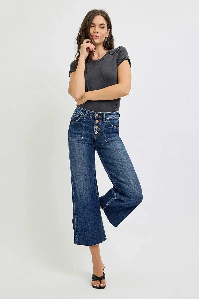 Easy High Waist Wide Leg Button Denim Jeans