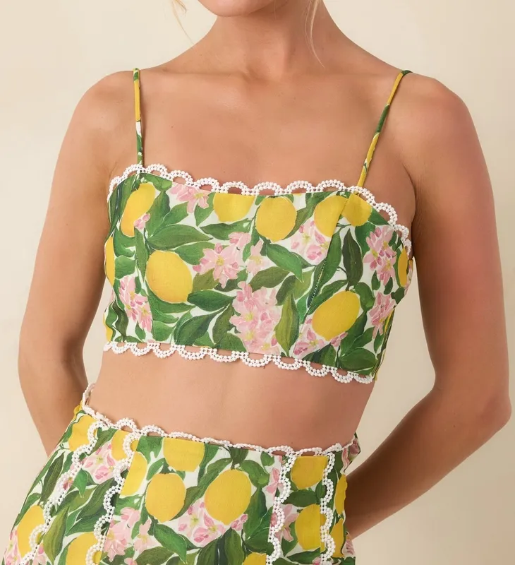 Yellow Lemon Print Crop Top